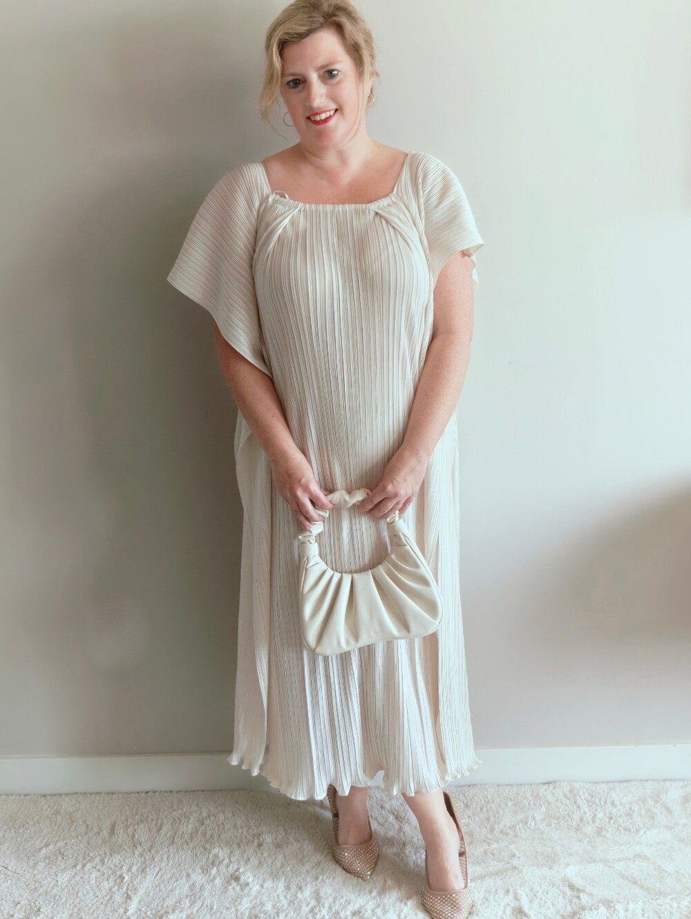 Cream Plissé Pleated Cape Sleeve Midi Dress | Modest Occasion Dress | L/XL